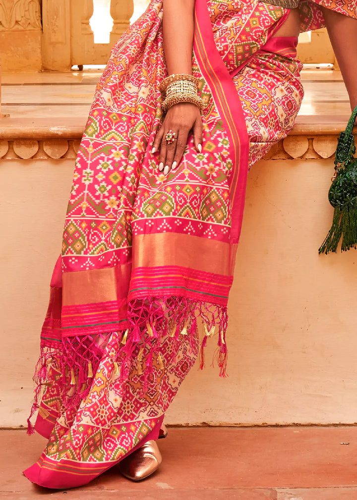 Shades Of Pink Printed Patola Tussar Silk Saree