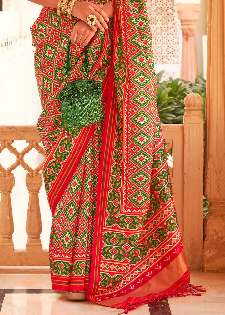 Red & Green Printed Patola Tussar Silk Saree