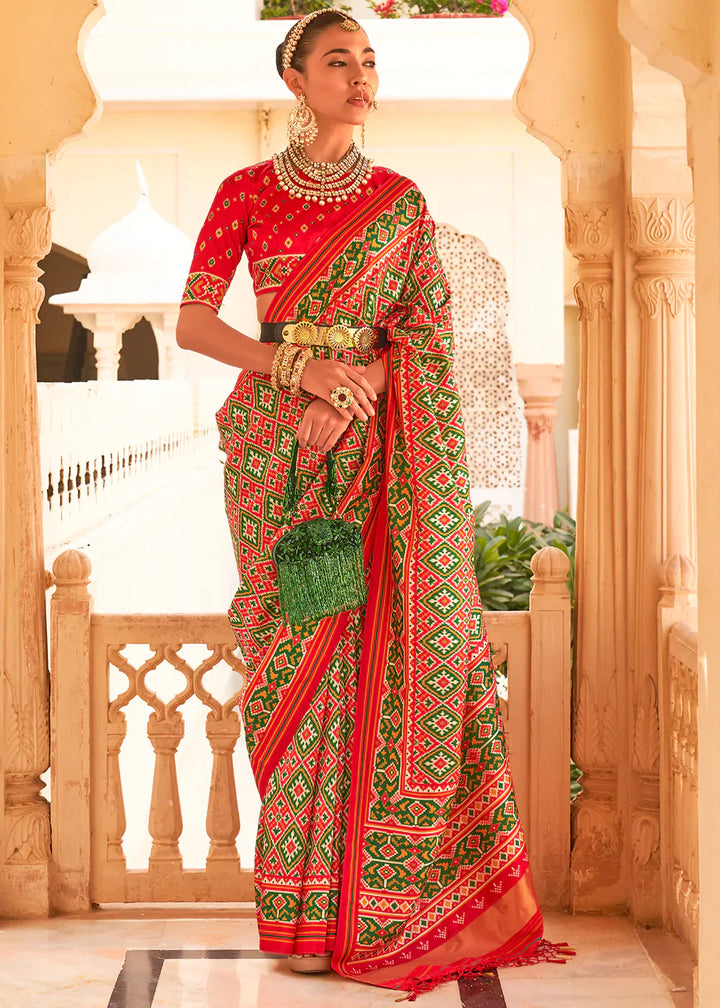 Red & Green Printed Patola Tussar Silk Saree
