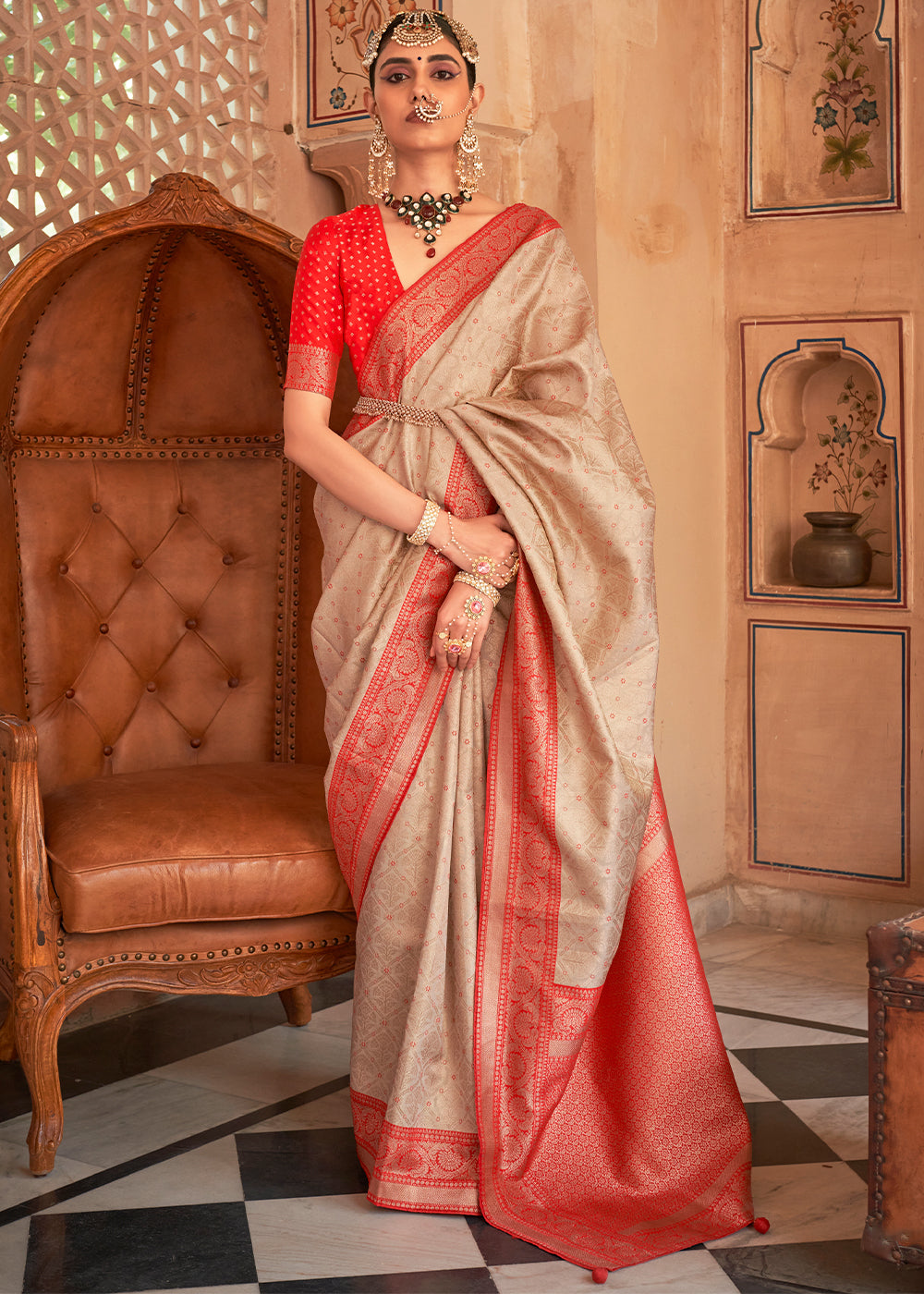 Brown & Red Zari Woven Banarasi Silk Saree