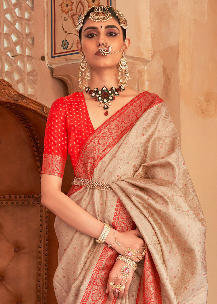 Brown & Red Zari Woven Banarasi Silk Saree