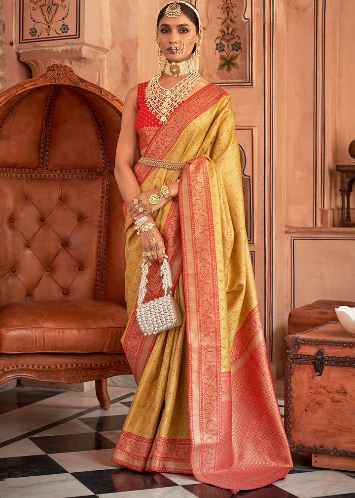 Yellow & Red Zari Woven Banarasi Silk Saree