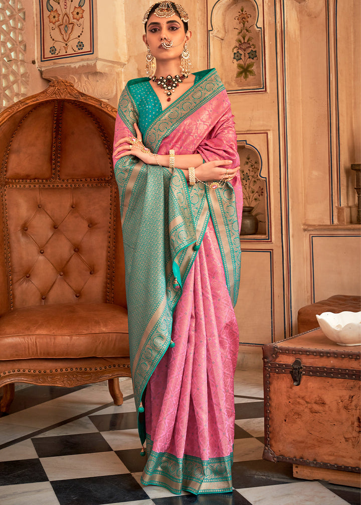 Rose Pink Zari Woven Banarasi Silk Saree