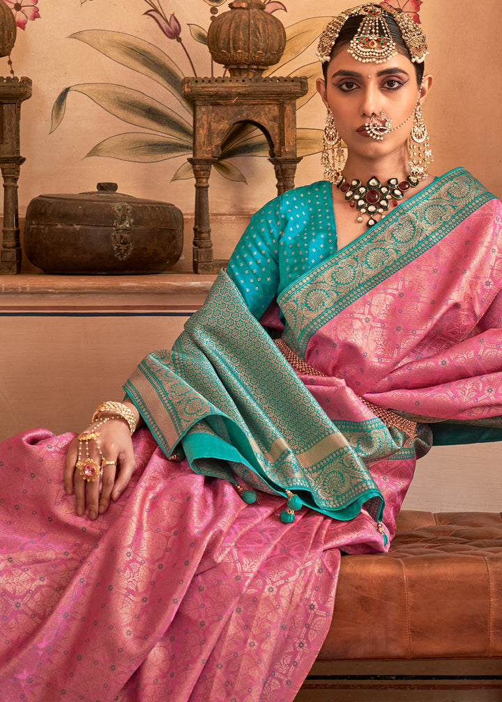 Rose Pink Zari Woven Banarasi Silk Saree