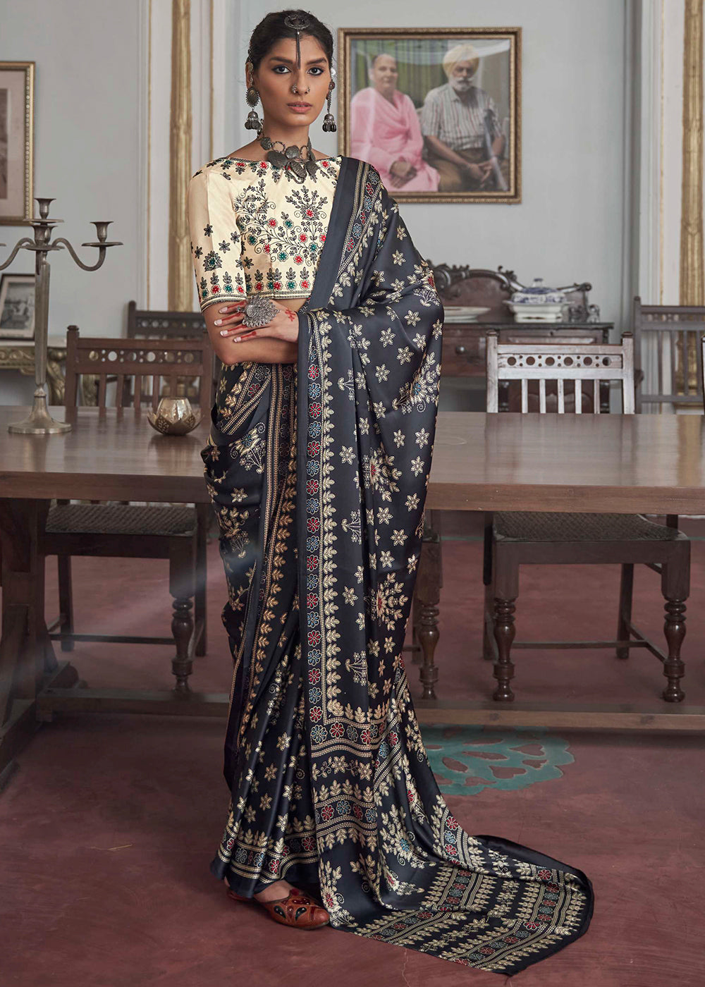 Ebony Black Gajji Silk Saree with Embroidery Blouse