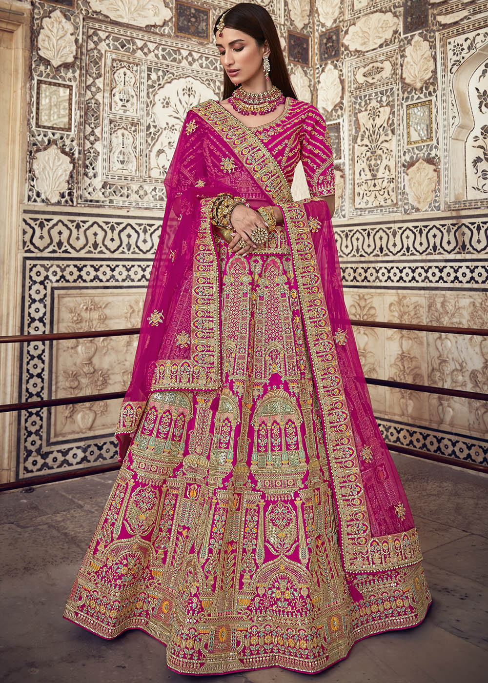 Deep Pink Banarasi Silk Lehenga Choli with Jarkan, Cutdana and Hand Embroidery work:Bridal Edition