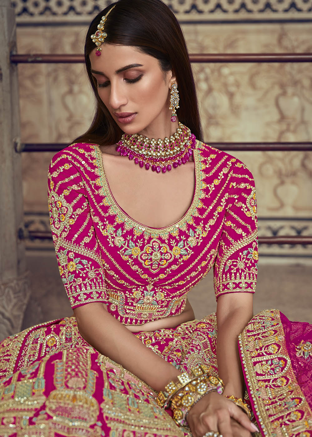 Deep Pink Banarasi Silk Lehenga Choli with Jarkan, Cutdana and Hand Embroidery work:Bridal Edition