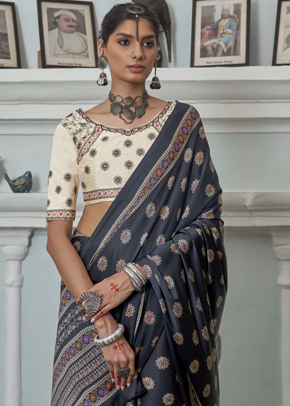 Onyx Black Gajji Silk Saree with Embroidery Blouse