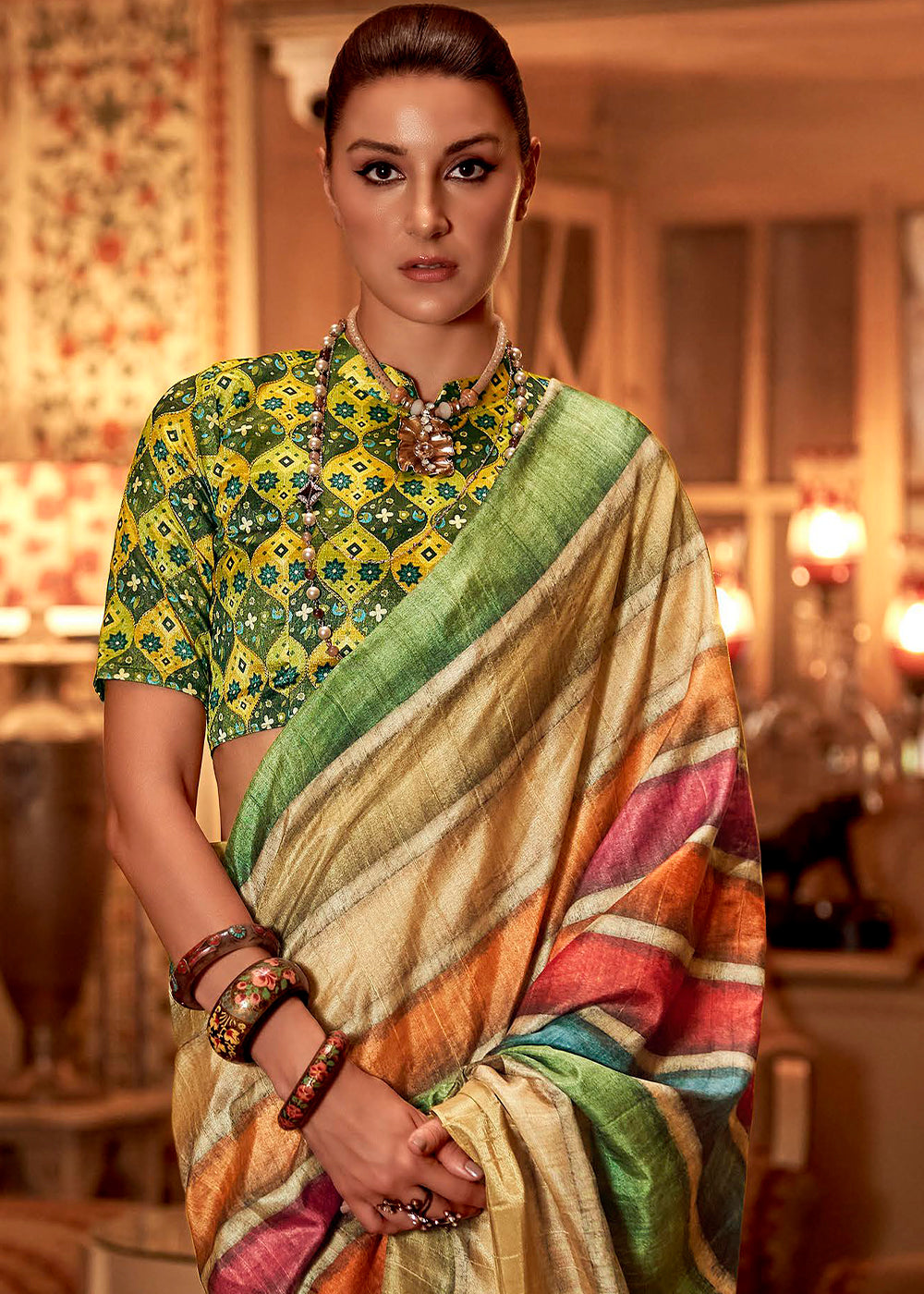 Multicolored Printed Zari woven Silk Saree