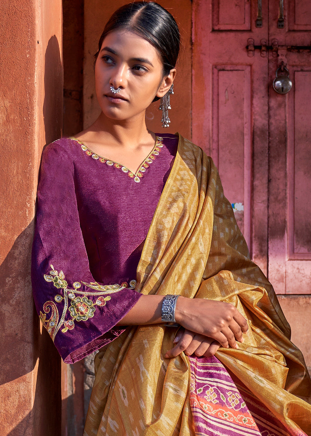 Mustard Yellow Ikkat Silk Jaipuri Saree with Embroidery Designer Blouse