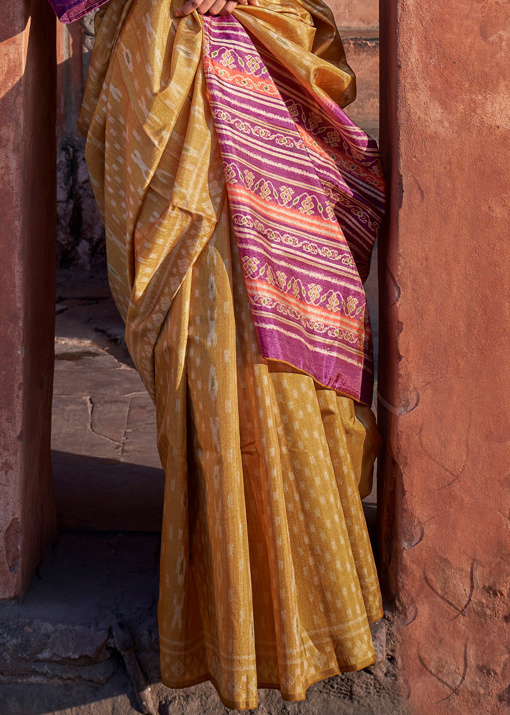 Mustard Yellow Ikkat Silk Jaipuri Saree with Embroidery Designer Blouse