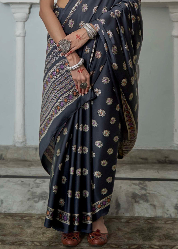 Onyx Black Gajji Silk Saree with Embroidery Blouse