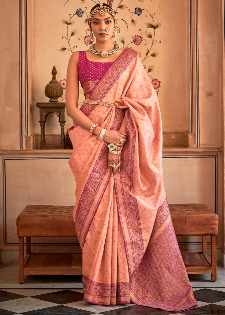 Light Peach Pink Zari Woven Banarasi Silk Saree