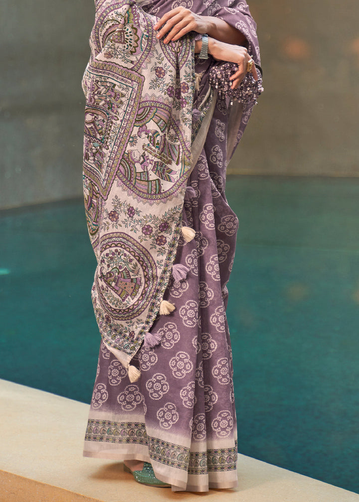 Iris Purple Bandhani Printed Chanderi Cotton Saree