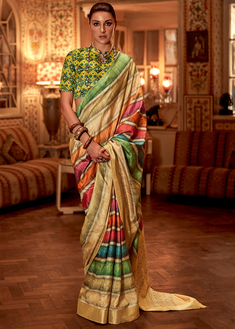 Multicolored Printed Zari woven Silk Saree