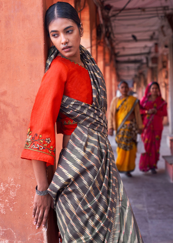 Charcoal Black Ikkat Silk Jaipuri Saree with Embroidery Designer Blouse