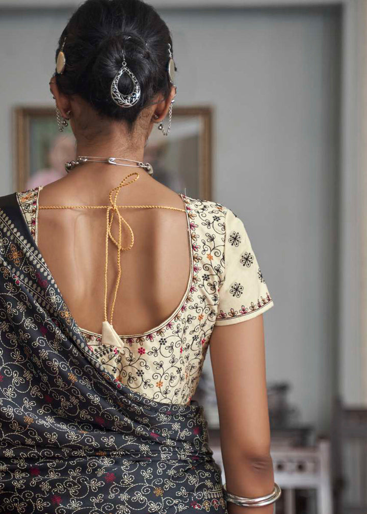 Obsidian Black Gajji Silk Saree with Embroidery Blouse