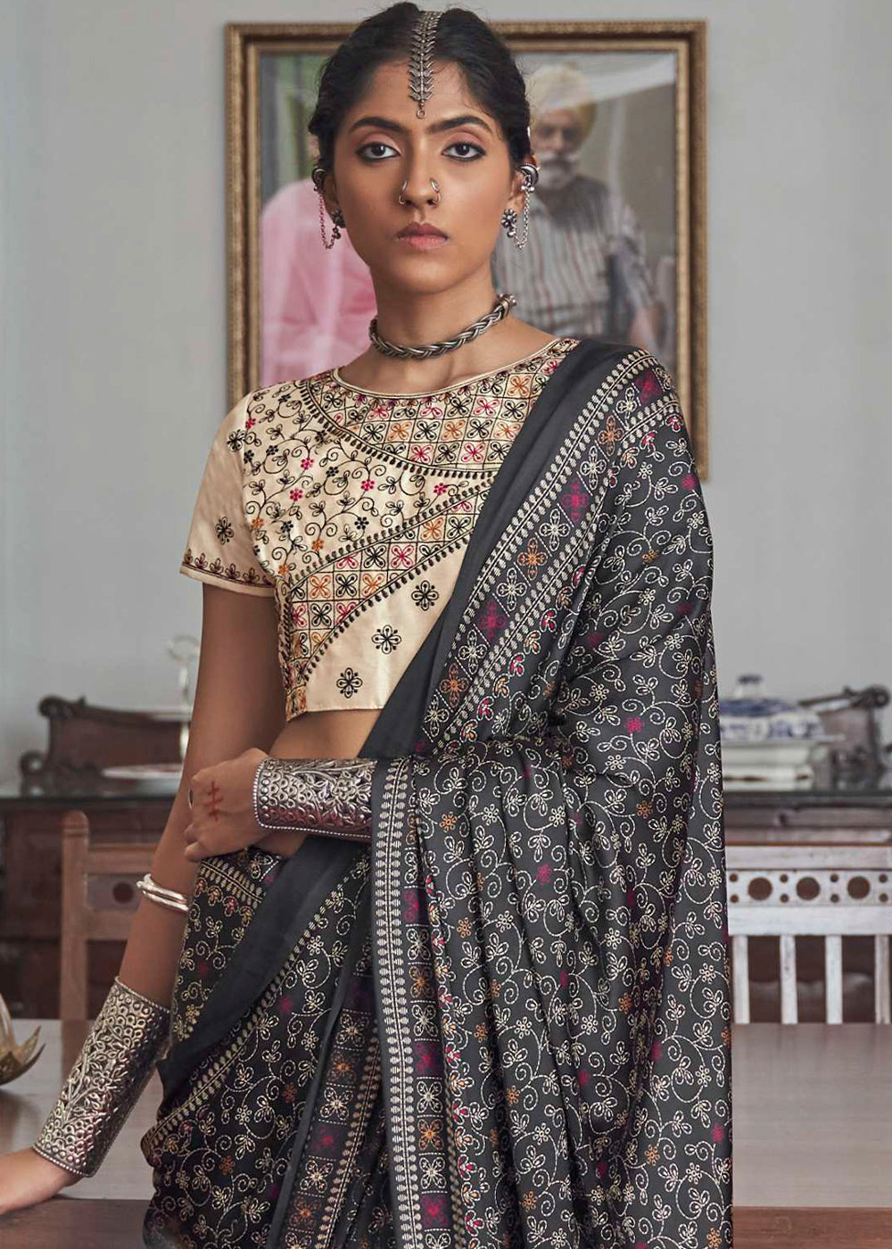 Obsidian Black Gajji Silk Saree with Embroidery Blouse