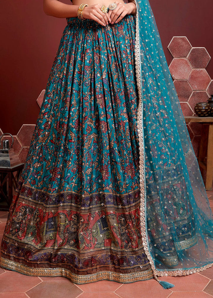 Azure Blue Floral Printed Chinon Silk Lehenga Choli with Sequins & Mirror work