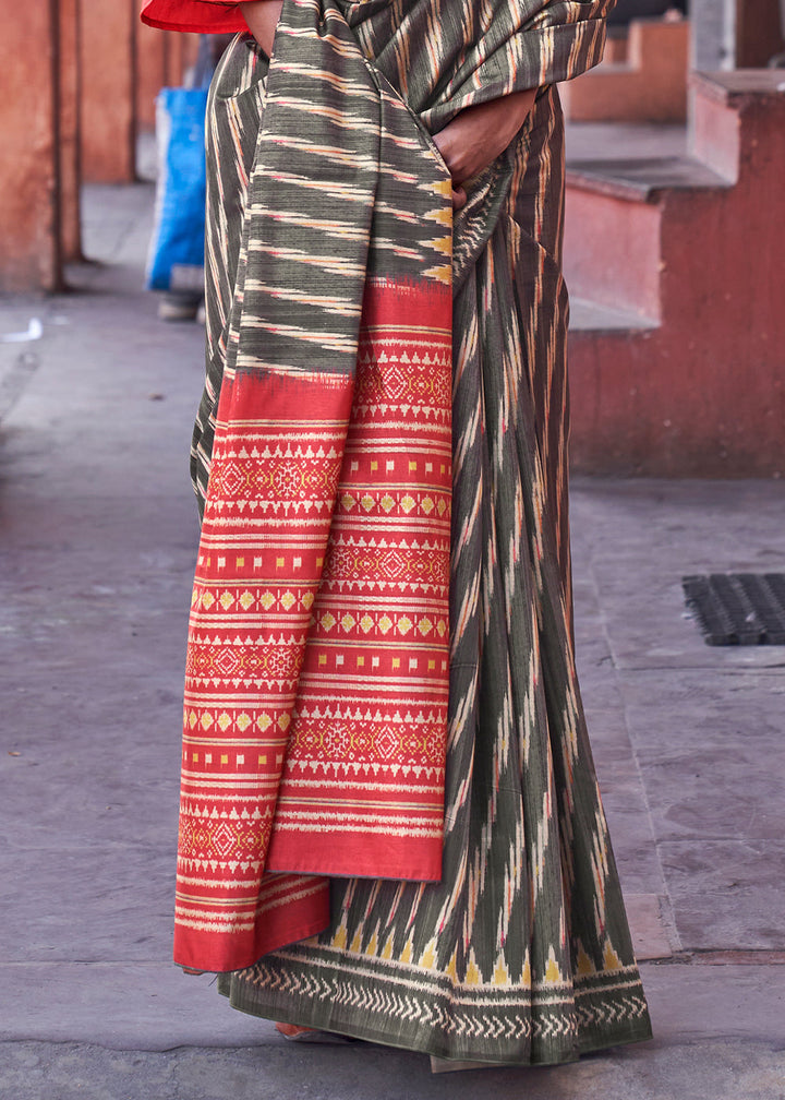 Charcoal Black Ikkat Silk Jaipuri Saree with Embroidery Designer Blouse
