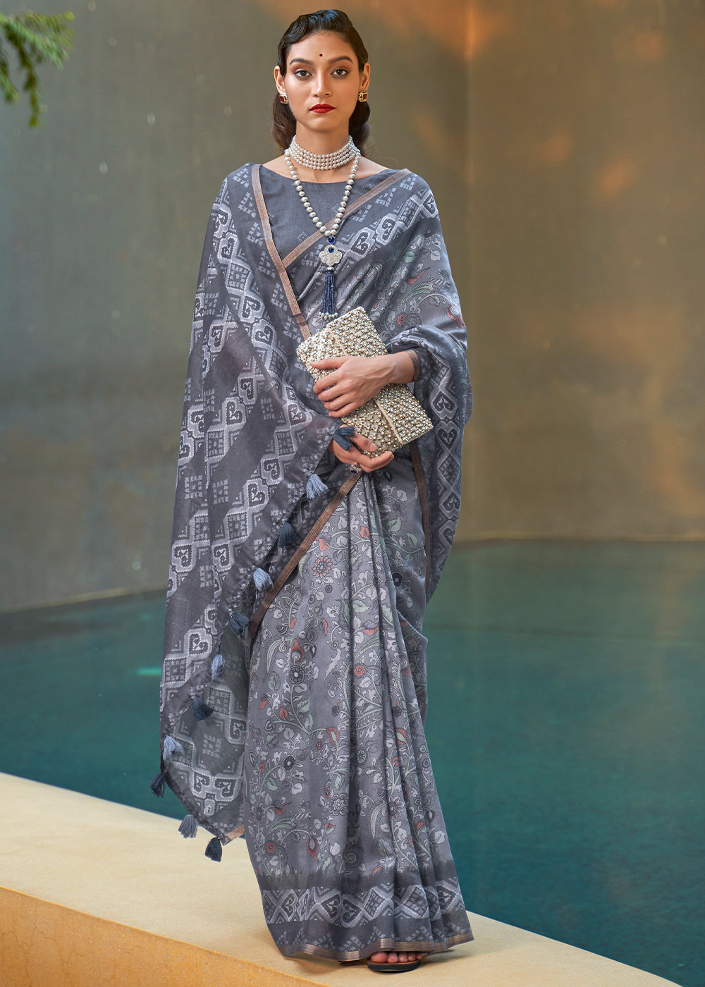 Shades Of Grey Floral Printed Chanderi Cotton Saree