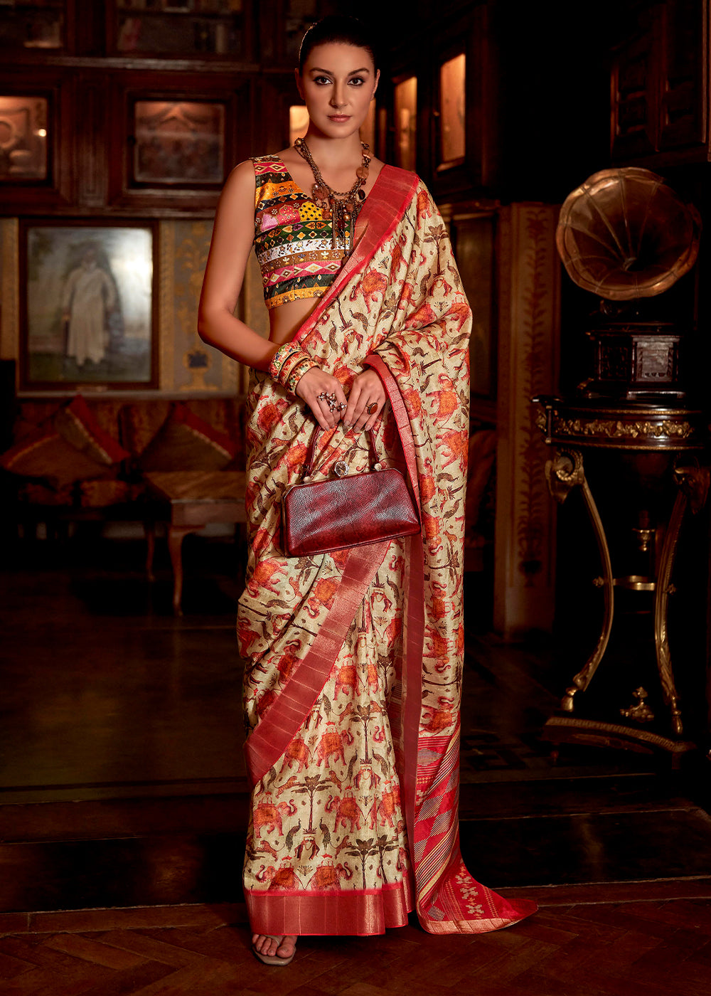 White & Red Printed Zari woven Silk Saree