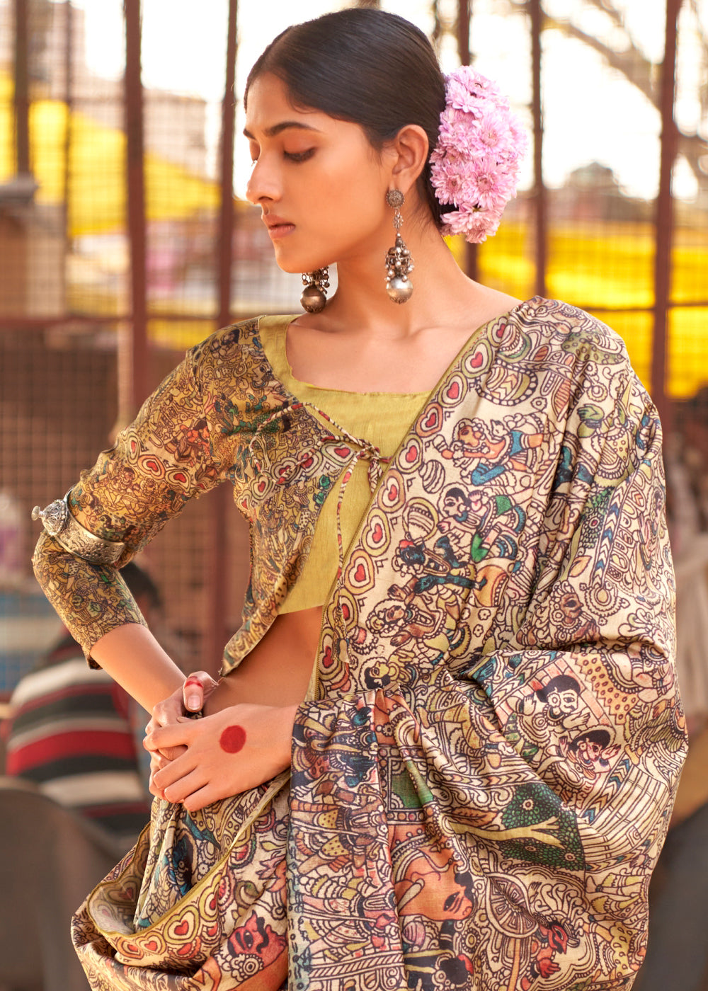Shades Of Yellow Madhubani Digital Printed Silk Saree