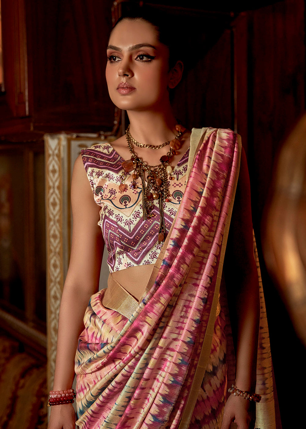 White & Pink Printed Zari woven Silk Saree