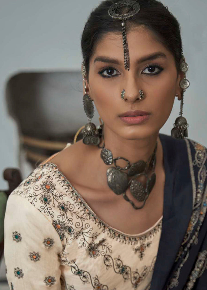 Charcoal Black Gajji Silk Saree with Embroidery Blouse