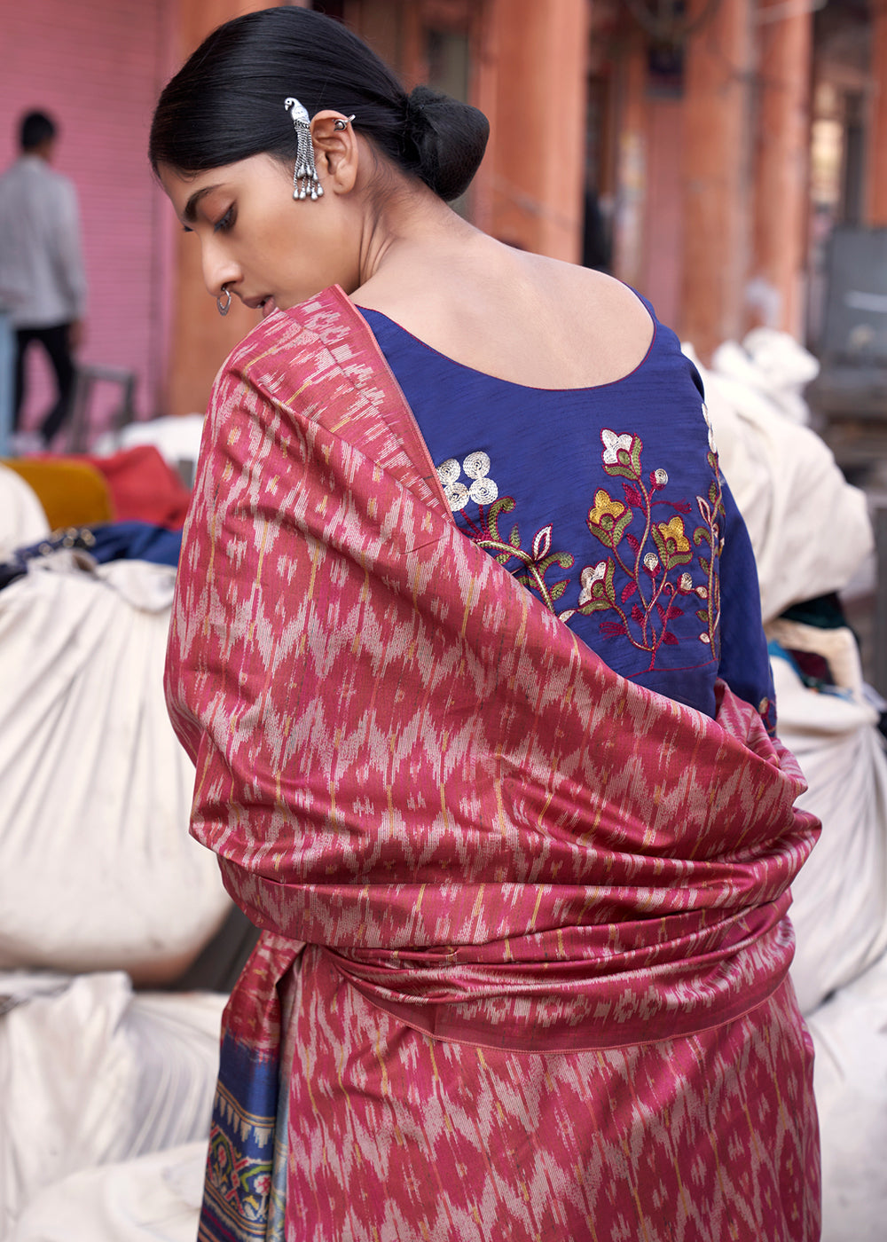 Carmine Pink Ikkat Silk Jaipuri Saree with Embroidery Designer Blouse