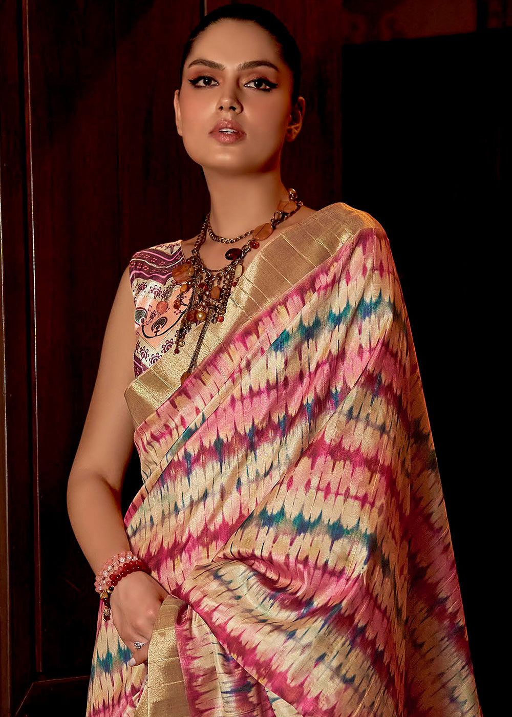White & Pink Printed Zari woven Silk Saree