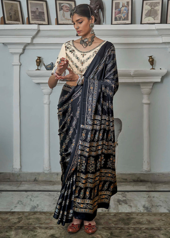Charcoal Black Gajji Silk Saree with Embroidery Blouse