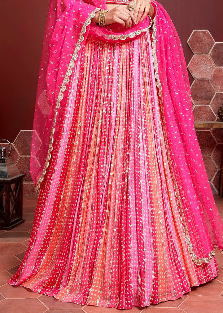 Peony Pink Bandhani Printed Chinon Silk Lehenga Choli with Embroidery & Mirror work