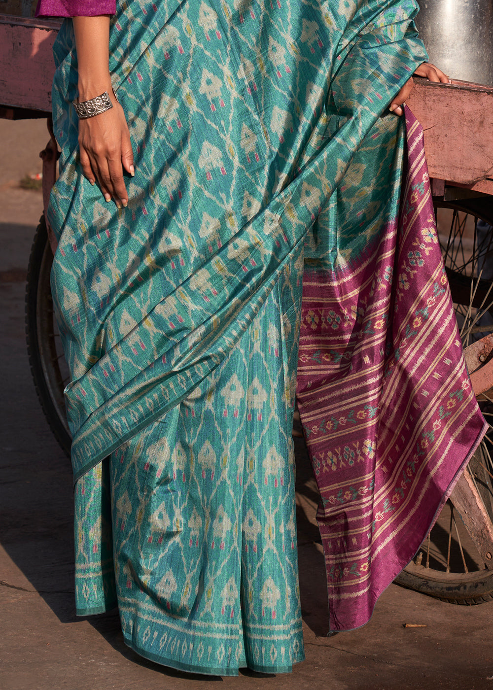 Cerulean Blue Ikkat Silk Jaipuri Saree with Embroidery Designer Blouse