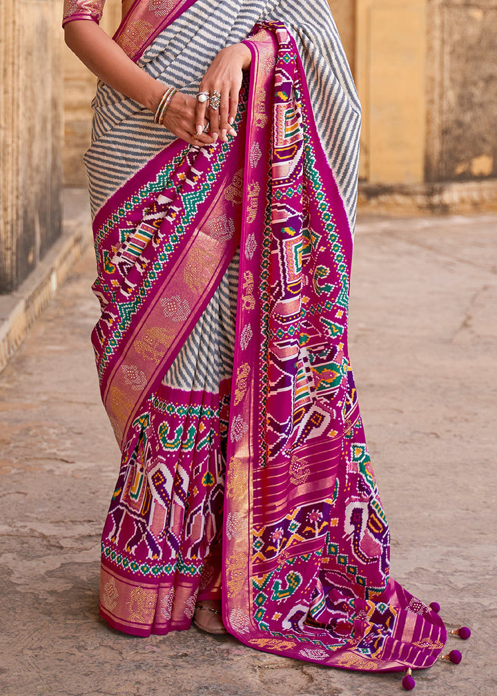 Magenta Purple Designer Patola Silk Saree with Zari Border & Stone work