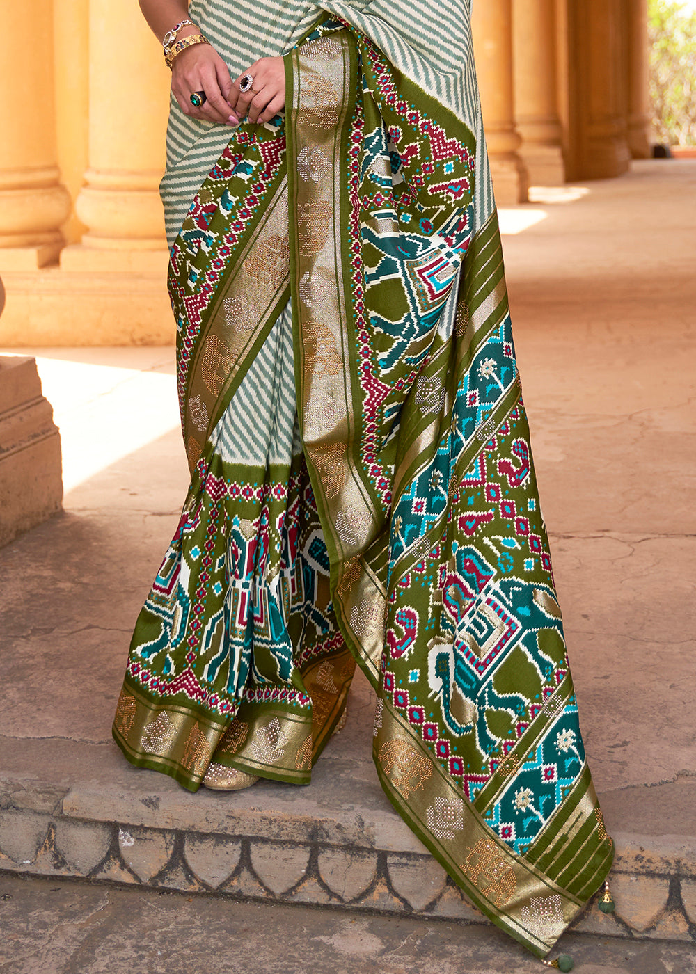 Olive Green Designer Patola Silk Saree with Zari Border & Stone work(Pre-Order)