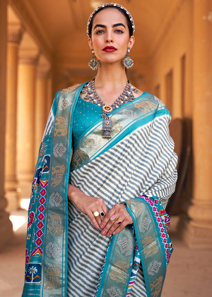 Cerulean Blue Designer Patola Silk Saree with Zari Border & Stone work(Pre-Order)