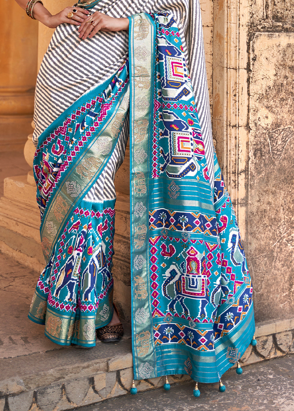 Cerulean Blue Designer Patola Silk Saree with Zari Border & Stone work(Pre-Order)
