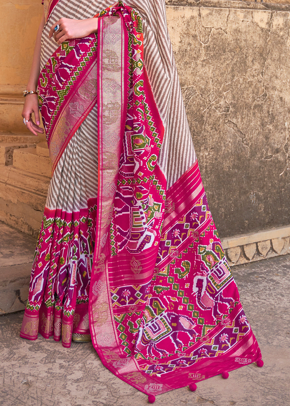 Magenta Pink Designer Patola Silk Saree with Zari Border & Stone work
