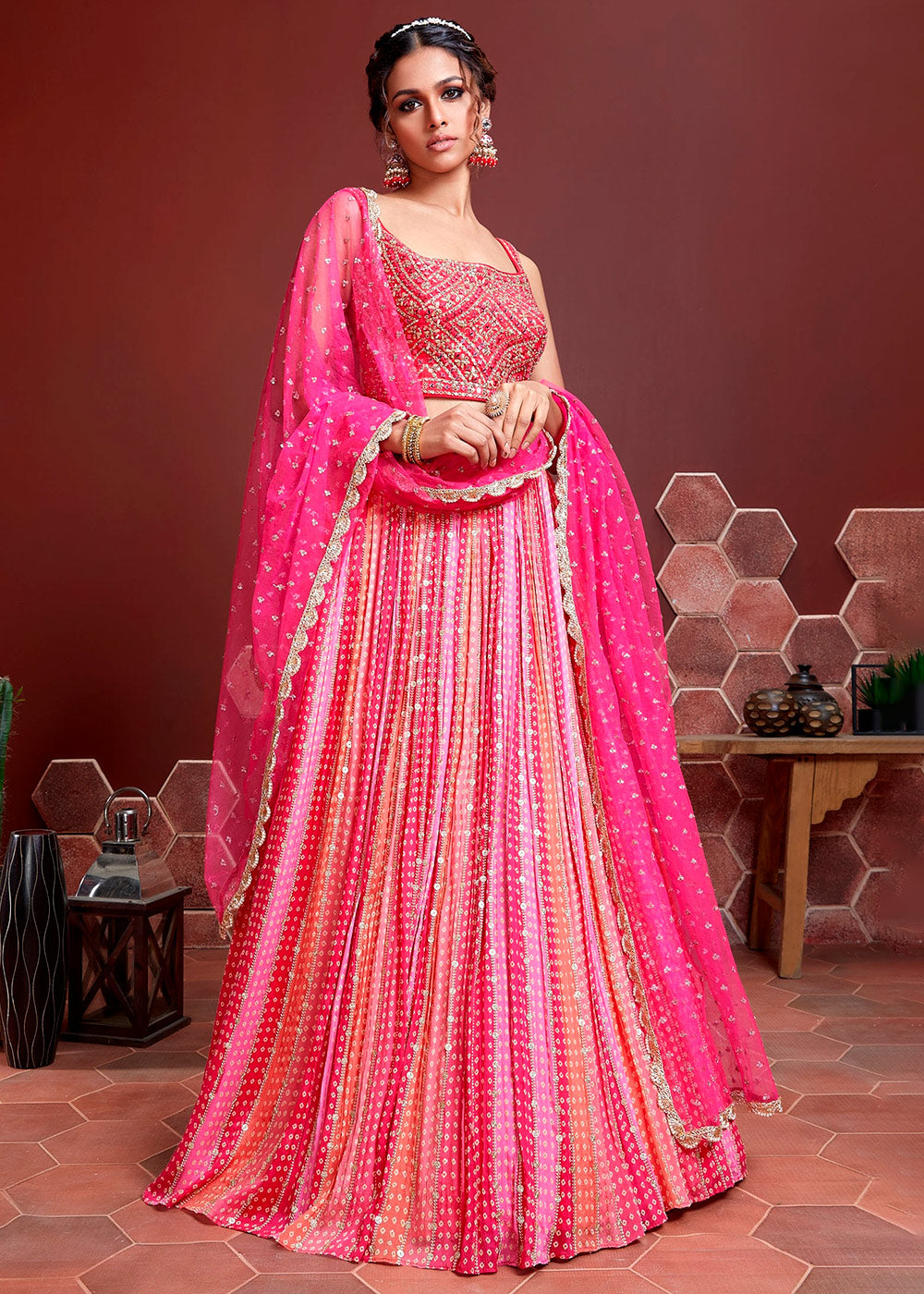 Peony Pink Bandhani Printed Chinon Silk Lehenga Choli with Embroidery & Mirror work