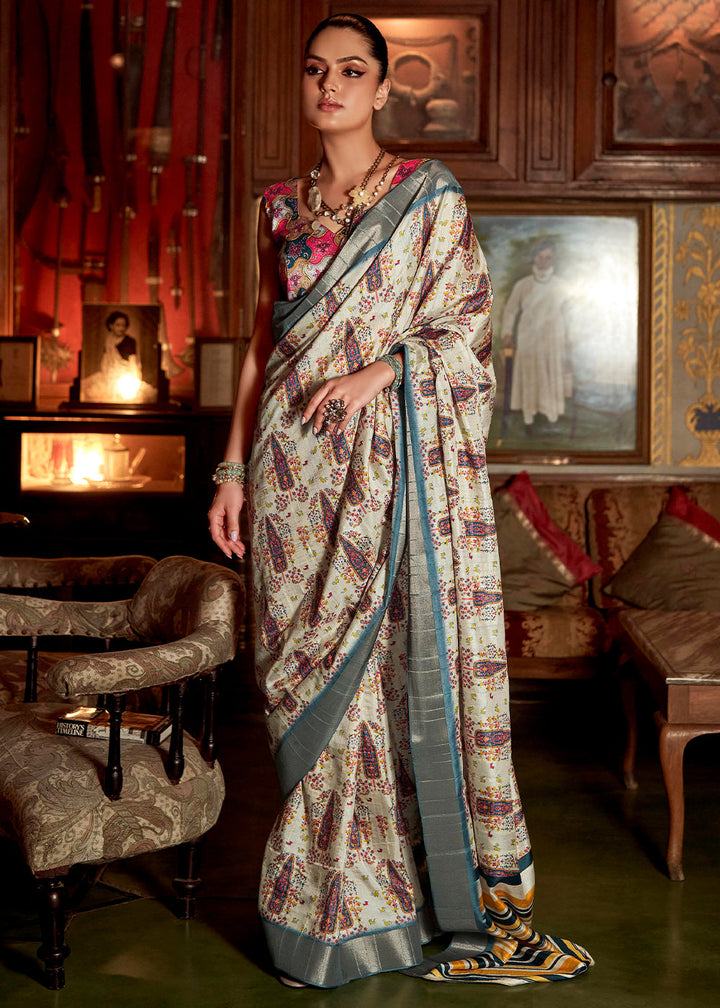 Rice White Printed Zari woven Silk Saree