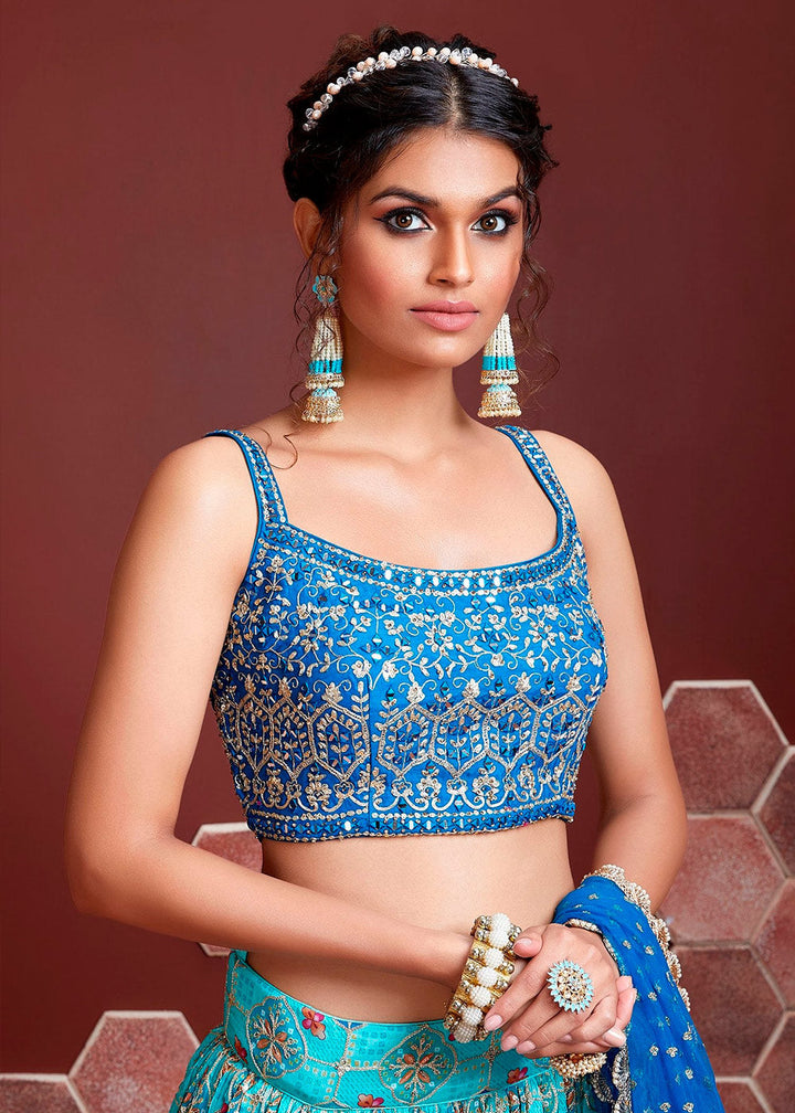 Shades Of Blue Floral Printed Chinon Silk Lehenga Choli with Embroidery & Mirror work