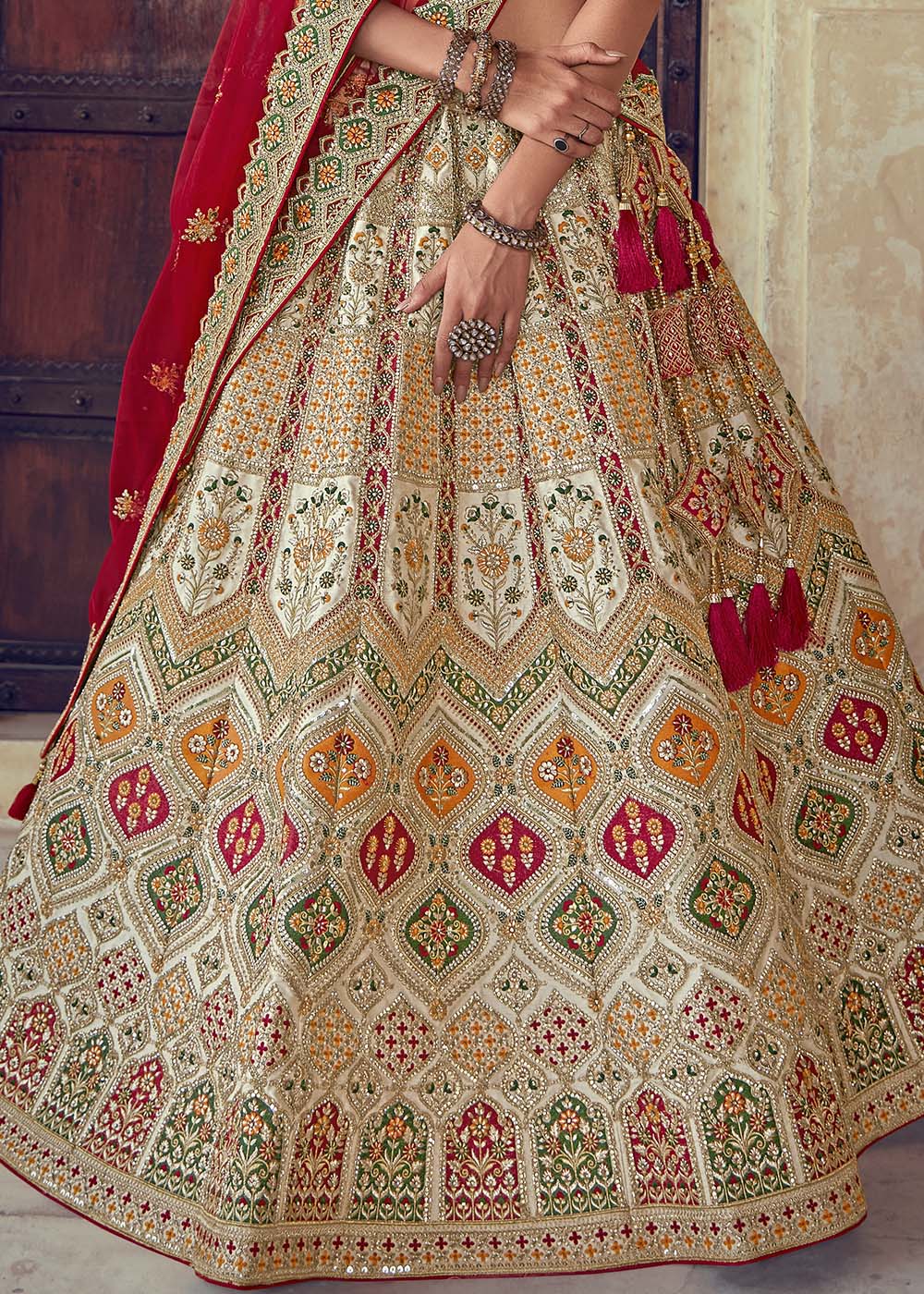Beige Brown & Red Banarasi Silk Lehenga Choli with Jarkan, Cutdana and Hand Embroidery work:Bridal Edition