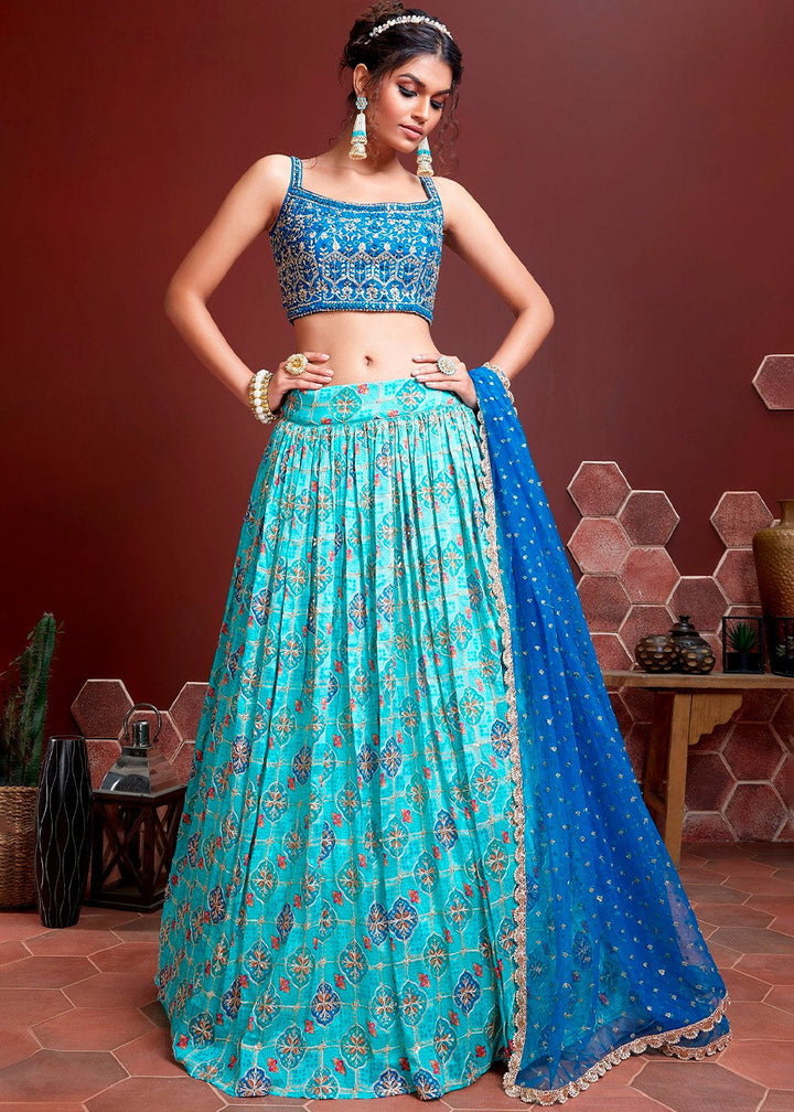 Shades Of Blue Floral Printed Chinon Silk Lehenga Choli with Embroidery & Mirror work