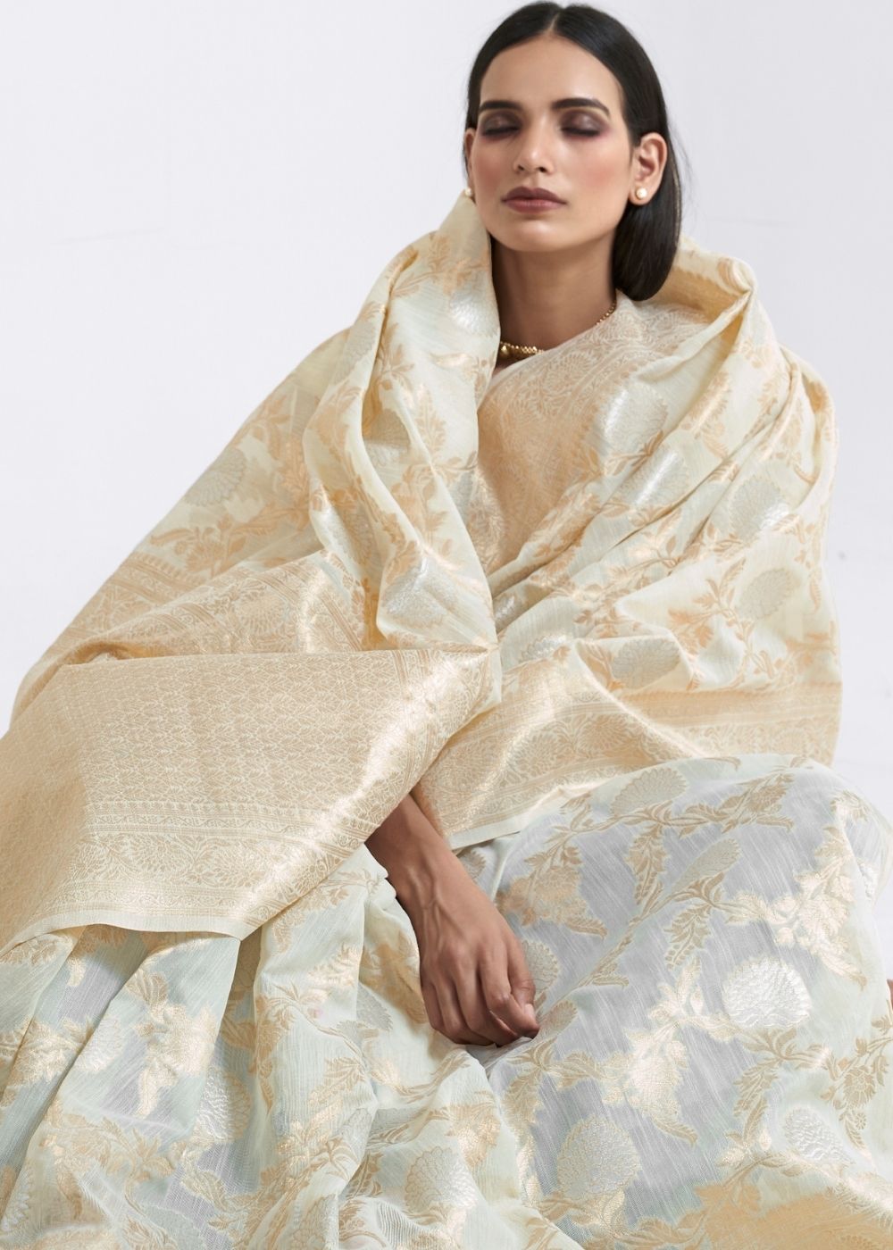 Ivory White Zari Woven Linen Silk Saree