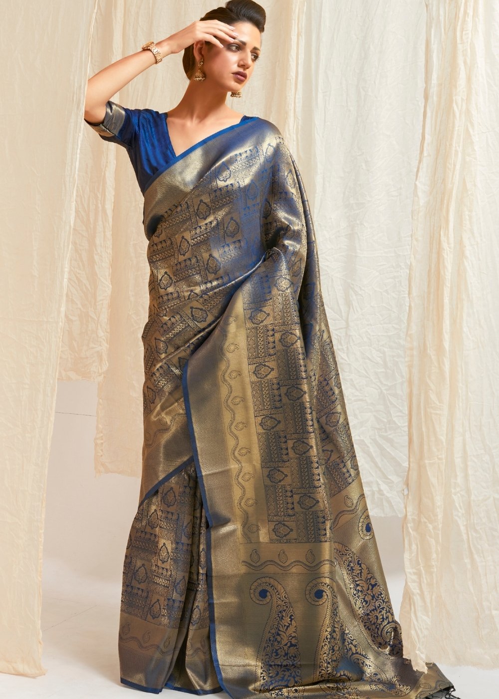 Lapis Blue & Golden Blend Kanjivaram Silk Saree