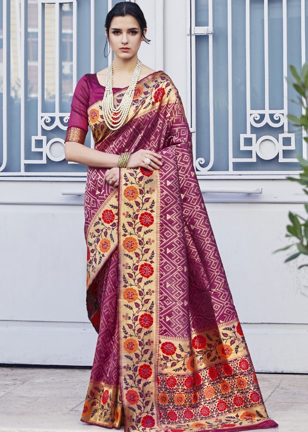 Begonia Pink and Golden Blend Silk Saree with Floral Woven Border and Pallu