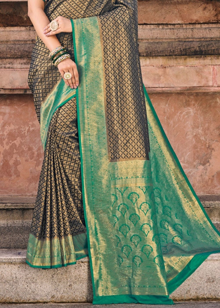 Jade Black Woven Kanjivaram Silk Saree with contrast Border & Pallu