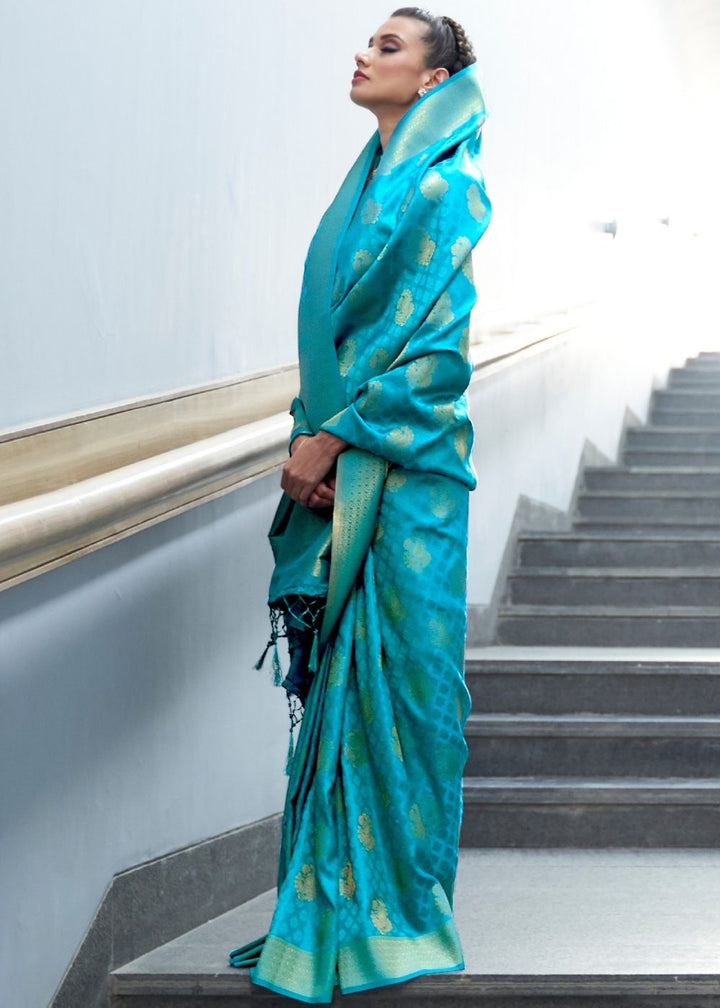 Cerulean Blue Woven Banarasi Silk Saree with overall Butti