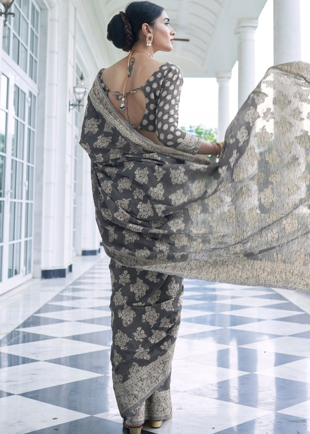 Silver Grey Lucknowi Chikankari Weaving Silk Saree